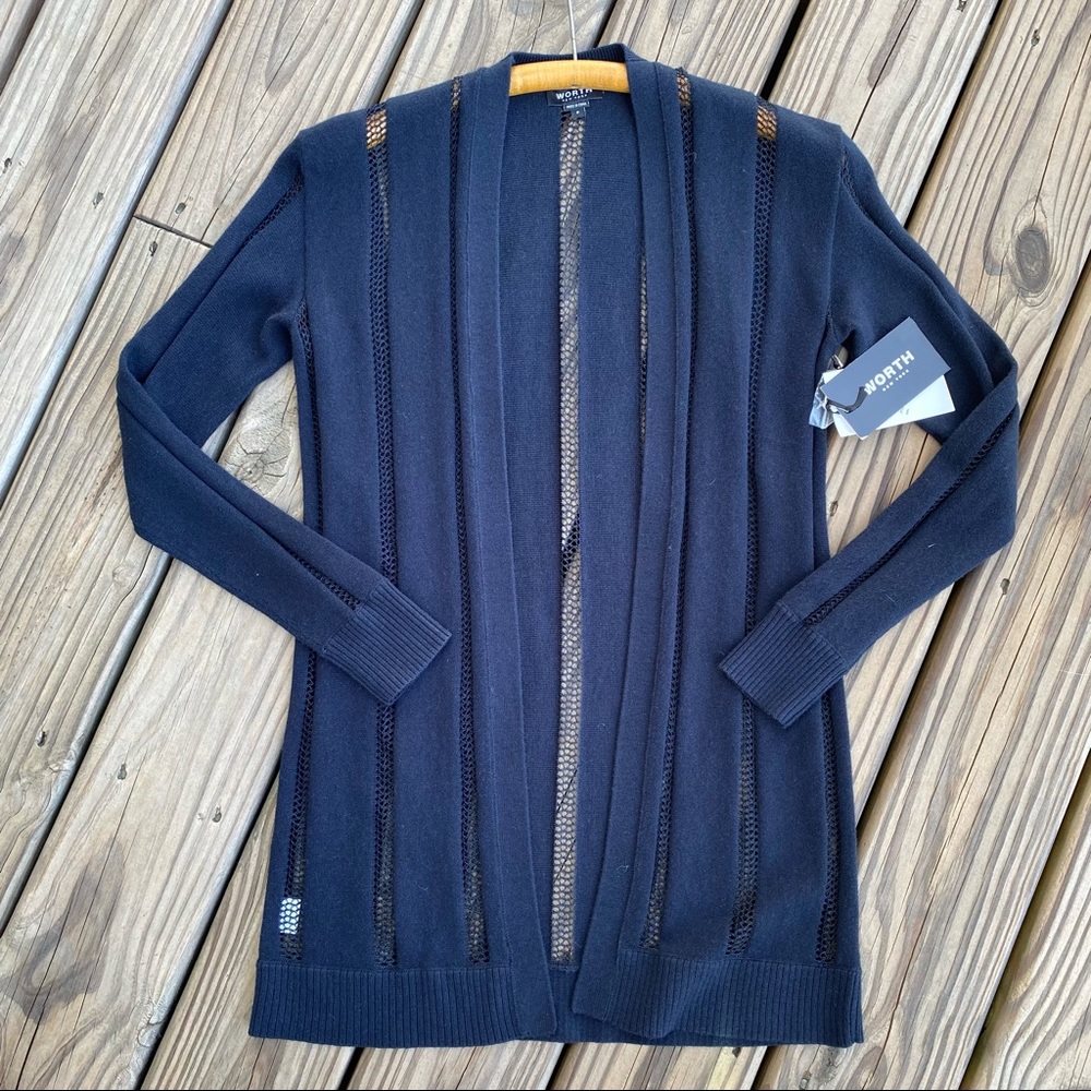 WORTH Navy Open Mesh Stitch Walking Cardigan Wool Blend